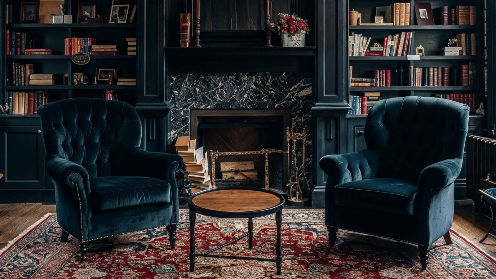 Elegant library room with velvet chairs